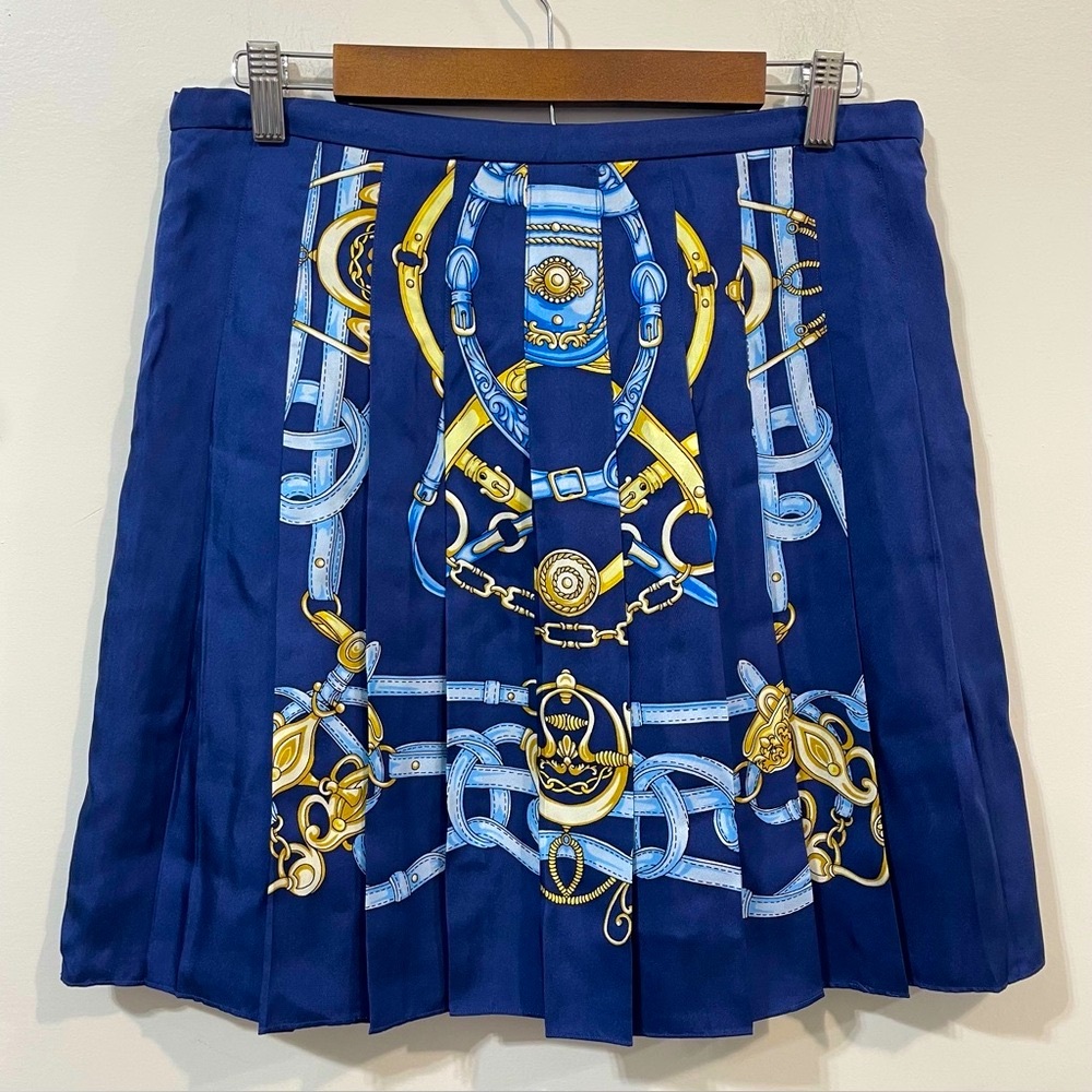 J. McLaughlin Equestrian Print Silk Blue Gold Pleated Mini Skater Skirt Size 8